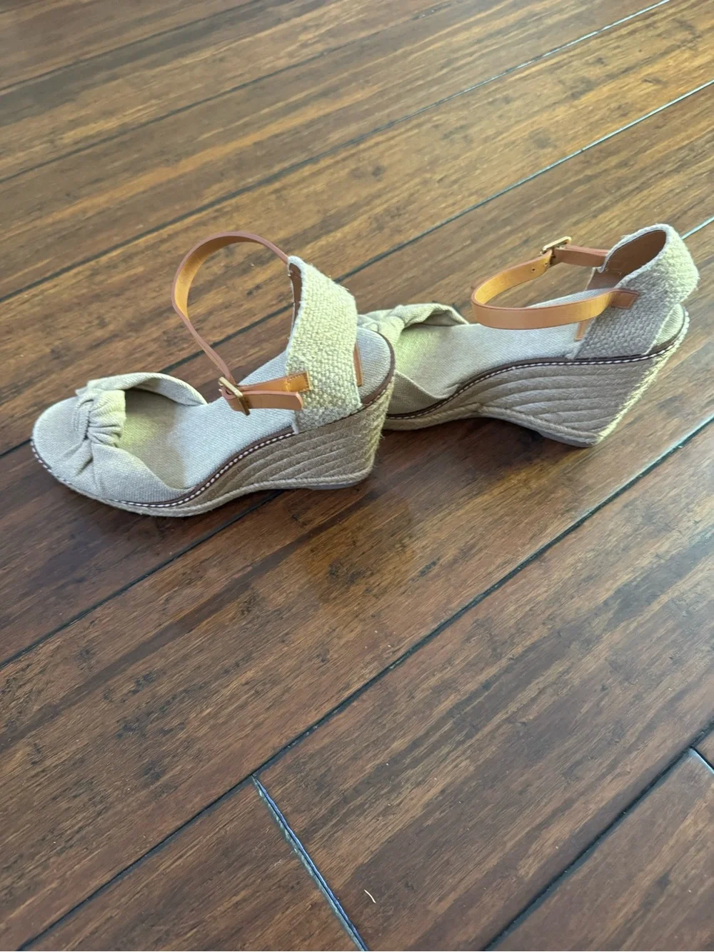Tory Burch Neutral Beige Knotted Espadrille Wedge Sandals